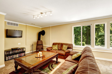 Living room with antique stove and brown sofas