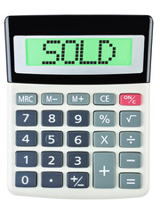 Calculator with SOLD on display isolated on white background