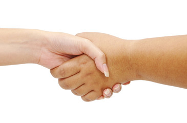 Shaking hands of two female people on white background