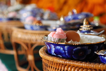 Food and cooked rice and desserts in ceramic bowl, The merit of Buddhist ceremony.