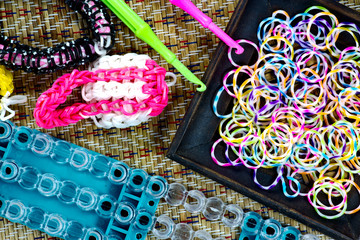 close up of set of colorful elastic loom bands color full