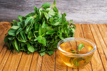 Mint tea with fresh mint leaves on wooden background