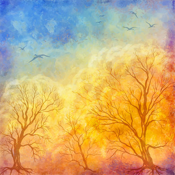 Vector oil painting autumn trees, flying birds