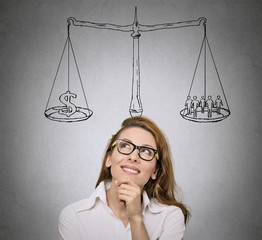 Balance. Woman, student  thinking friends vs money