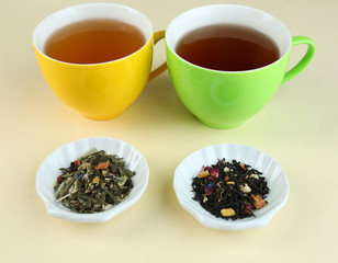 Assortment of tea on color background