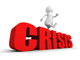 white 3d person overcome jumping over word CRISIS