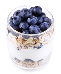 Healthy breakfast - yogurt with  blueberries and muesli served