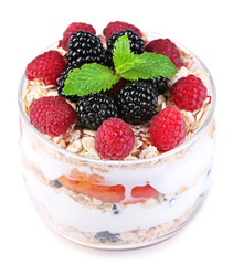 Healthy breakfast - yogurt with  fresh fruit, berries and