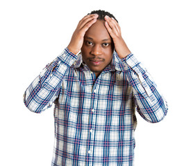 Worried upset stressed man isolated on white background 