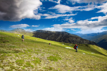 Fototapeta na wymiar Trekkers hiking in mountains on a bright sunny day