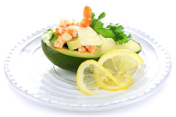 Tasty salad with shrimps and avocado, isolated on white