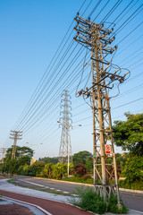 Transmission electrical power poles in town