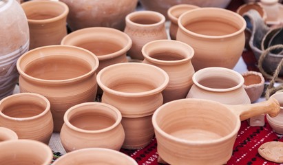 Traditional clay pots exposed to a rural fair