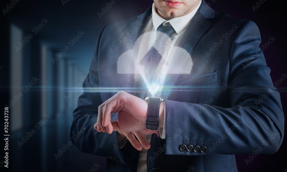 Poster composite image of businessman using hologram watch