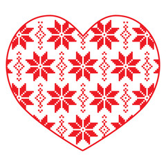 Nordic, winter red and white heart pattern