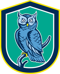 Great Horned Owl on Branch Shield Retro