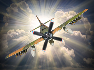 Old propeller fighter plane inbound from sun.