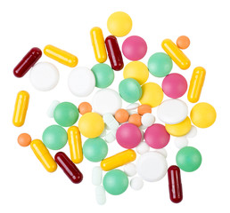 Heap of pills isolated on white background