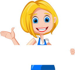 woman cartoon presenting with holding blank sign