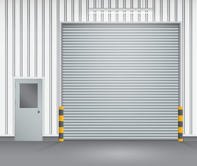 Roller door or roller shutter. Also called security door or security shutter. For protect residential, commercial and industrial building i.e. house, factory, warehouse, hangar. Vector illustration.