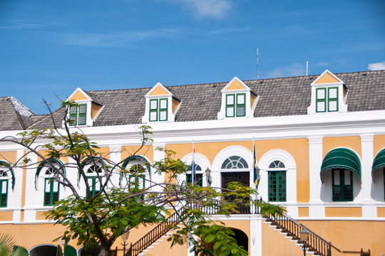 Yellow colonial style house in Willemstad, Curacao