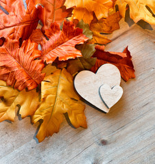 Wooden Hearts and Autumn Leaves