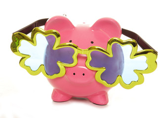 Piggy bank wearing over sized comedy glasses