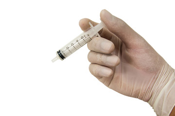 Fototapeta premium Hand with latex glove holding syringe