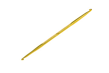Golden crochet hook isolated on white