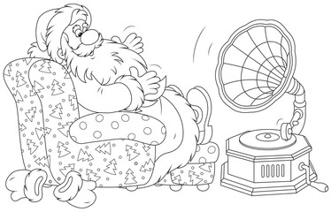 Santa Claus listening to music on his gramophone