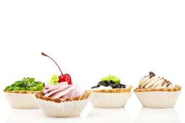 cake with cherry, kiwi fruit, currants and coffee
