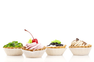 cake with cherry, kiwi fruit, currants and coffee