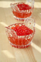 Red caviar in the crystal bowls