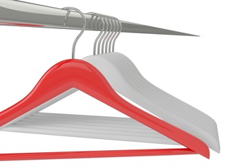 White and red clothes hangers isolated