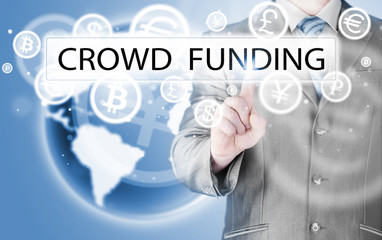 Businessman pushes virtual crowd funding button
