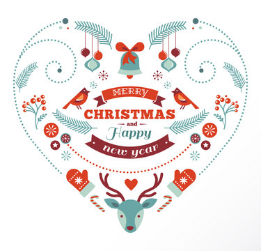 Christmas design heart with birds, elements, ribbons and deer