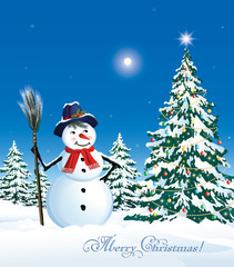 Christmas card with a festive Christmas tree and snowman