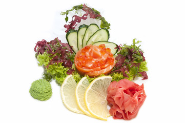 Japanese cuisine sashimi with vegetables and fish
