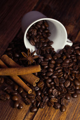Coffee beans, anise and cinnamon sticks.