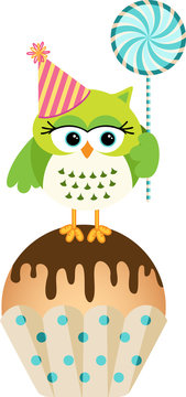 Owl with lollipop and birthday cake