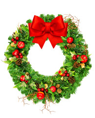 Fototapeta na wymiar christmas wreath with red ribbon bow isolated on white
