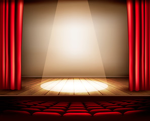 A theater stage with a red curtain, seats and a spotlight. Vecto - obrazy, fototapety, plakaty