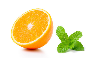 Half orange fruit and mint on white background