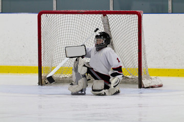 Ice hockey goaltender in front of net