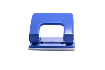 Blue office paper hole puncher isolated on white background