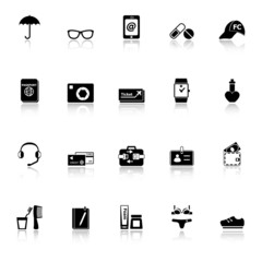 Travel luggage preparation icons with reflect on white backgroun