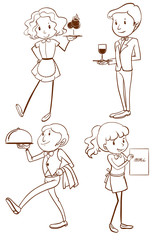 Simple drawings of waiters and waitresses