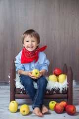 Fototapeta na wymiar Portrait of a happy little boy, eating apples, sitting on a baby