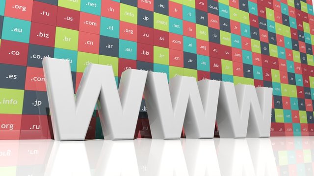 WWW in 3d with colorful background and domain extensions