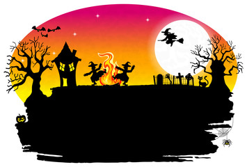 Hexen tanzen um ein Feuer an Halloween